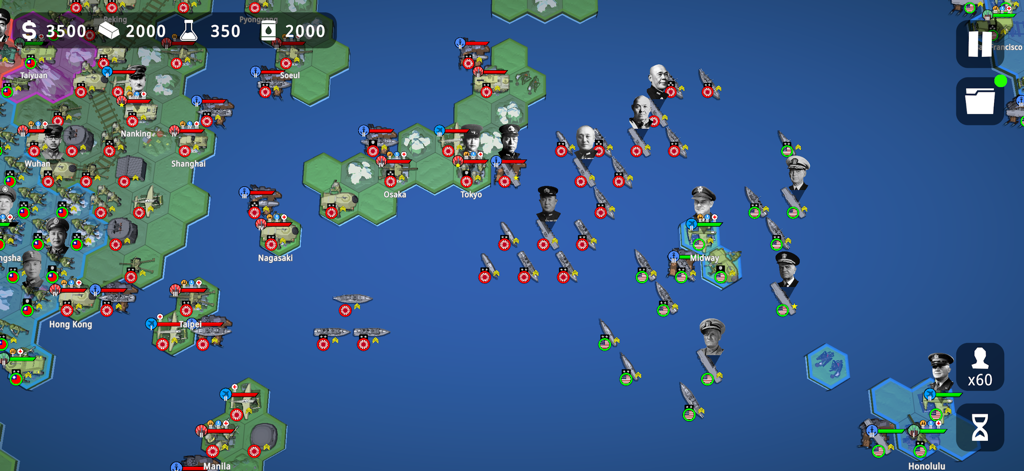 Gameplay screenshot of Pocket Panzers showing a hex-based naval strategy map with military units and leaders in the Pacific region