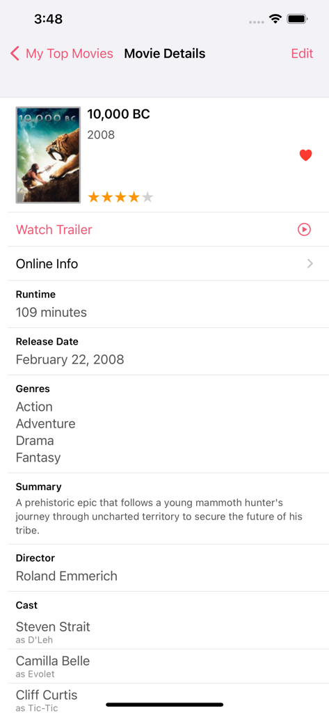Aplicativo MovieBuddy exibindo informações detalhadas do filme 10000 AC, incluindo gêneros, elenco e resumo
