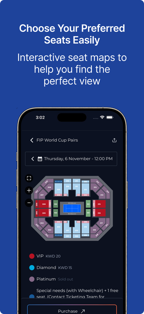 The Arena Kuwait - Mapa de asientos interactivo y pantalla de reserva de la aplicación The Arena Kuwait