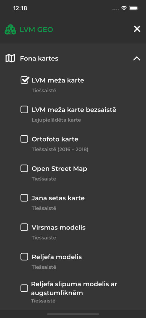LVM GEO Mobile - List of background map options in the LVM GEO Mobile app including forest and terrain models