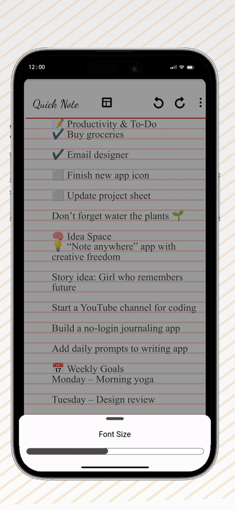 Mobile Ansicht der Quick Note App mit einer Ein-Seiten-Notizliste und einem Schieberegler für die Schriftgröße.