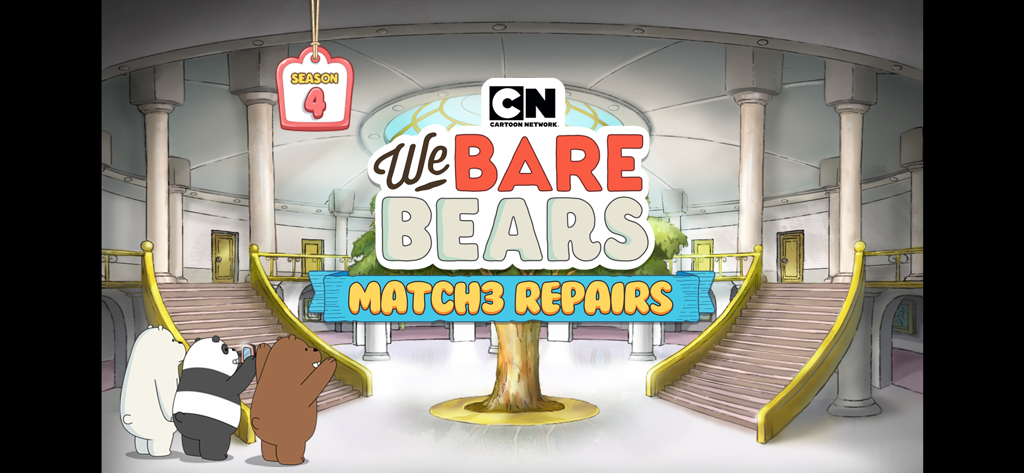 We Bare Bears Match3 Repairs - Grizzly, Panda y Pardo mirando una gran mansión de celebridades en la pantalla de título del juego We Bare Bears Match3 Repairs