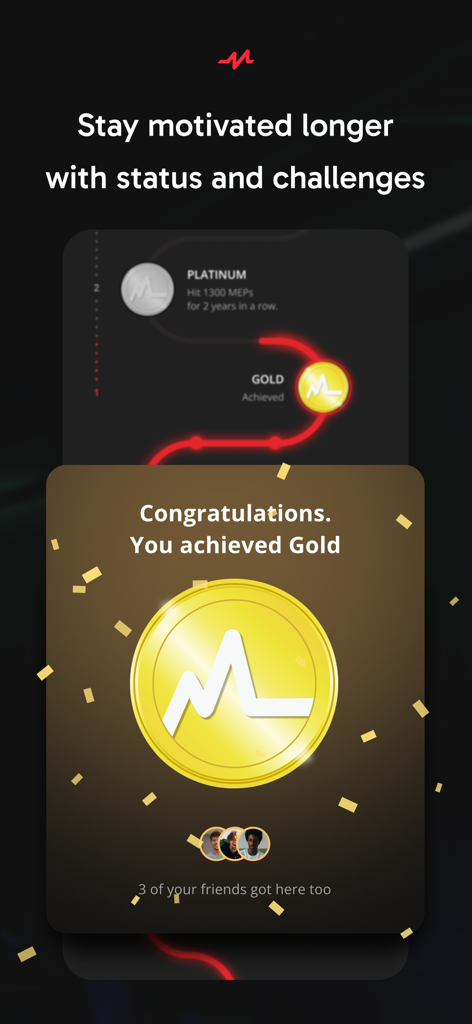 Myzone | Make movement count - Myzone fitness app achievement screen celebrating a user reaching Gold status in a fitness challenge.