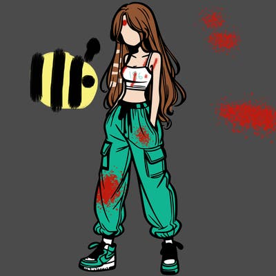 girl in baggy pants crop top and long hair