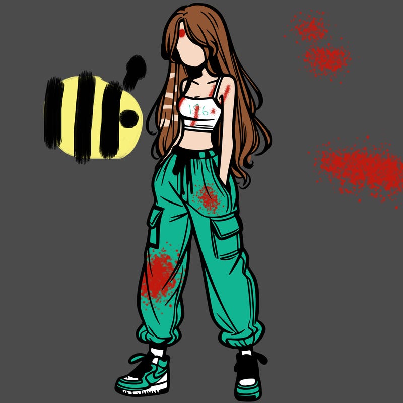 girl in baggy pants crop top and long hair