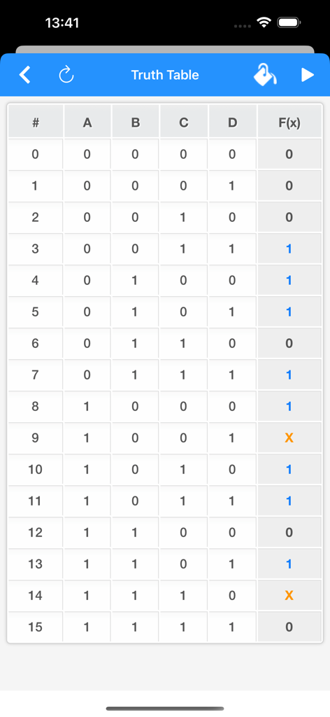 Tabla de verdad de lógica digital para cuatro variables en la aplicación Minimizador Karnaugh y Booleano