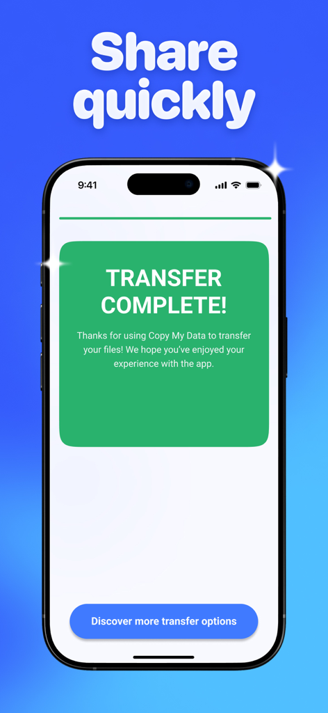A smartphone screen displaying a Transfer Complete notification in the Copy My Data app.