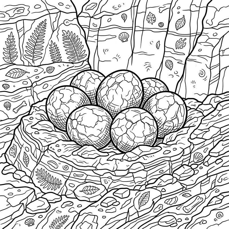 Journey back in time to an ancient landscape where magnificent sauropod dinosaur eggs await your artistic touch. This intricately detailed coloring page brings the thrill of discovery right to your fingertips.