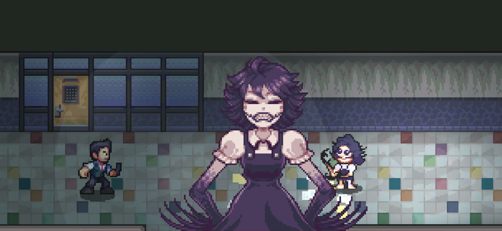 Super Dark Deception - Um grande monstro em pixel art sorrindo em um corredor de Super Dark Deception