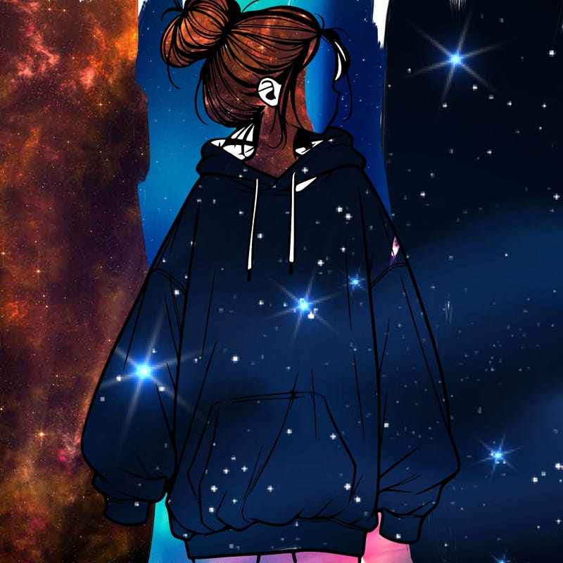 realistic girl with a oversized sweatshirt on and a bun