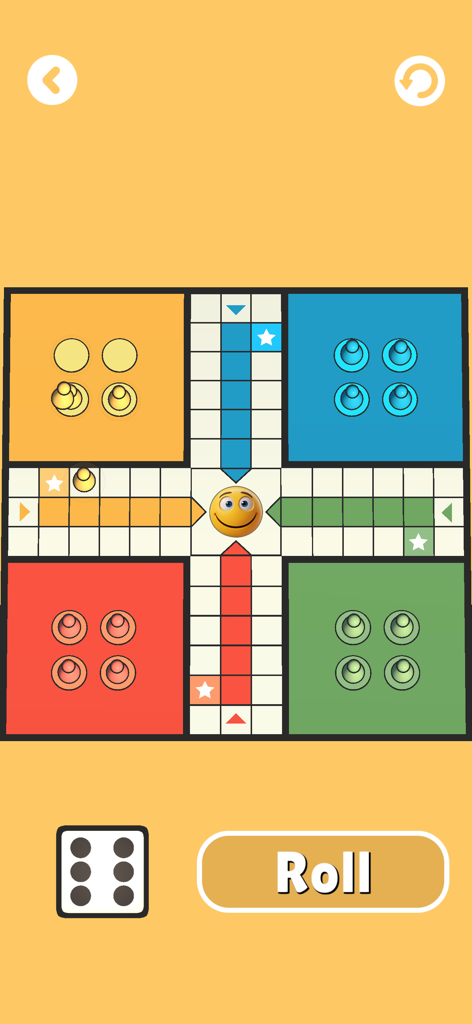 Tiny Fun: Play and Relax - Classic Ludo board game screen in Tiny Fun app featuring colorful squares and a roll dice button