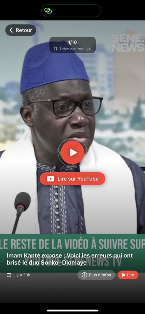 SeneNews – Infos & Actualité - Interfaccia del lettore video dell'app SeneNews con un'intervista politica all'Imam Kante