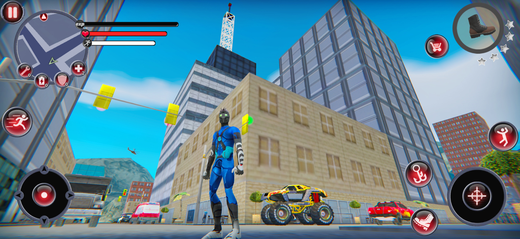 Superhero in a blue sci-fi suit standing in a 3D city with a monster truck