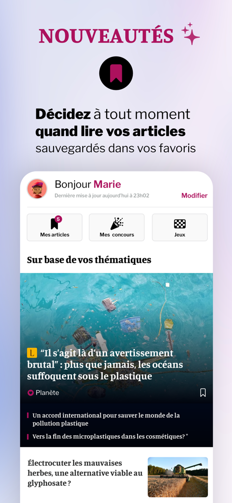 La Libre News - La Libre Newsアプリのインターフェース。パーソナライズされたニュースフィードと後で読むために記事を保存するオプションが表示されています