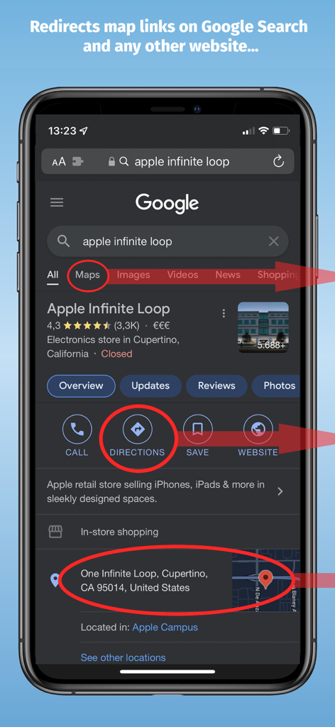 iPhone mostrando resultados de búsqueda de Google con enlaces de mapas resaltados para redirección