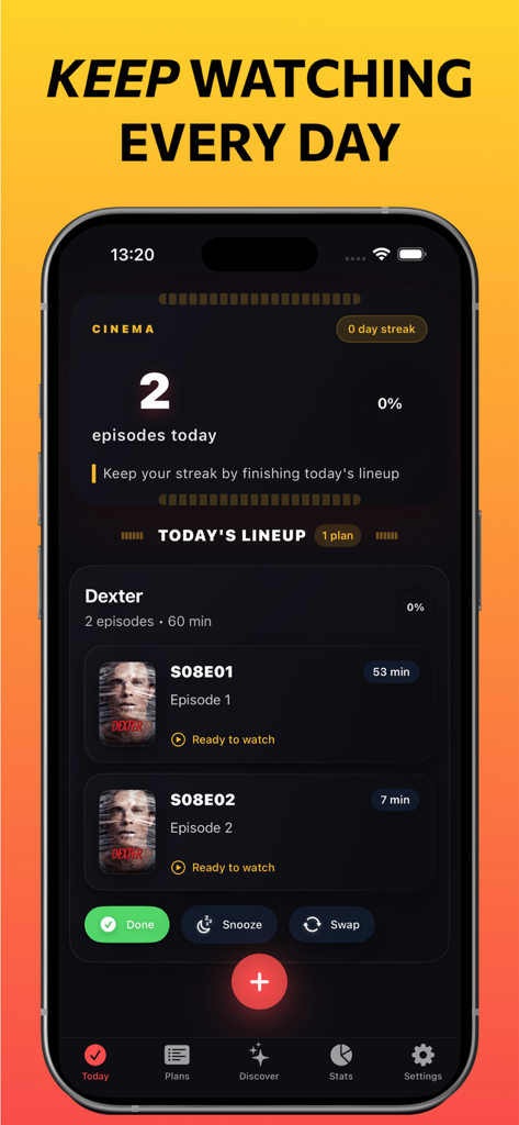 Mi Magis: TV Time Planner - Capture d'écran d'une application mobile de SeasonSprint montrant un programme quotidien d'émissions de télévision et des fonctionnalités de suivi des épisodes