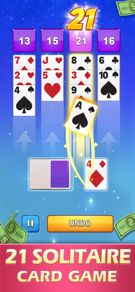 21 of Cash - Win Real Money - 21 of Cashのゲームプレイ画面。21のスタックを完成させるためにカードがプレイされている様子を表示。