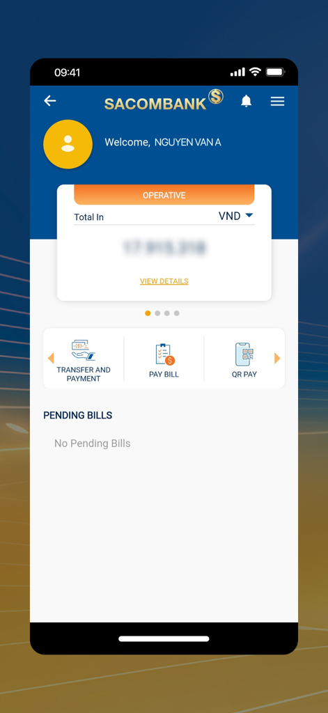 Panel de la aplicación móvil Sacombank mBanking que muestra el saldo de la cuenta y las opciones de pago de facturas y transferencias