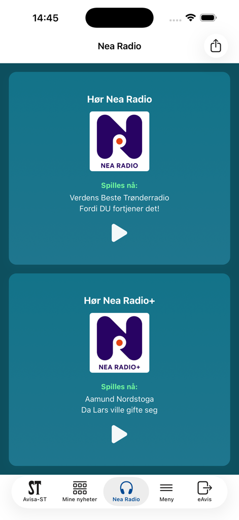 Avisa-ST Nyheter - Interface do aplicativo Avisa-ST Nyheter mostrando a seção Nea Radio com botões de reprodução para transmissões de rádio ao vivo.