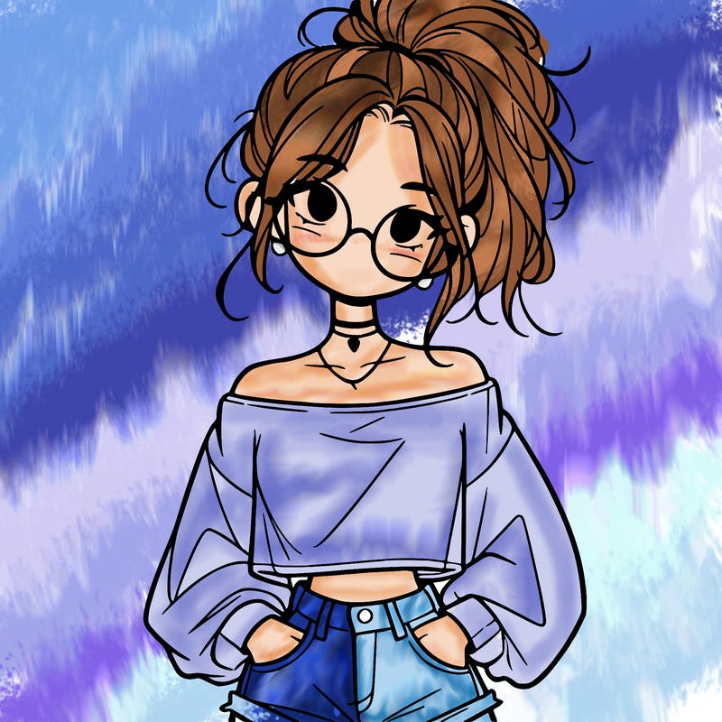girl with a messy ponytail glasses a baggy crop top and jean shorts