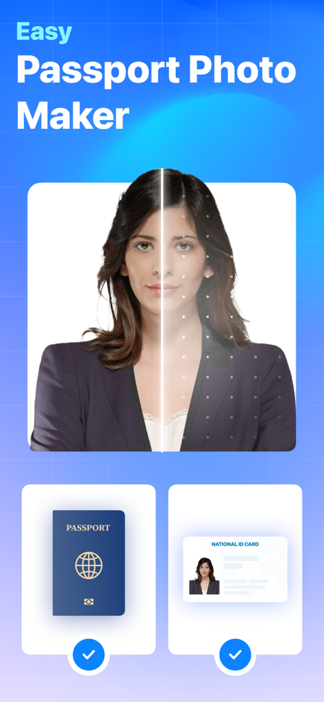 Passport Photo: ID Photo - Easy Passport Photo Maker app interface showing face alignment guidance and ID card options