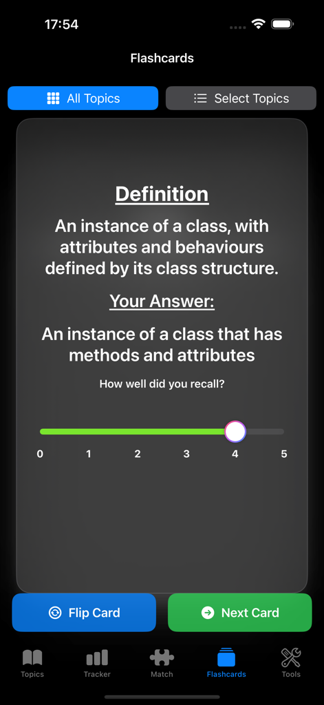 CS Master - Computer Science flashcard interface showing a definition of an object class instance with a recall rating slider