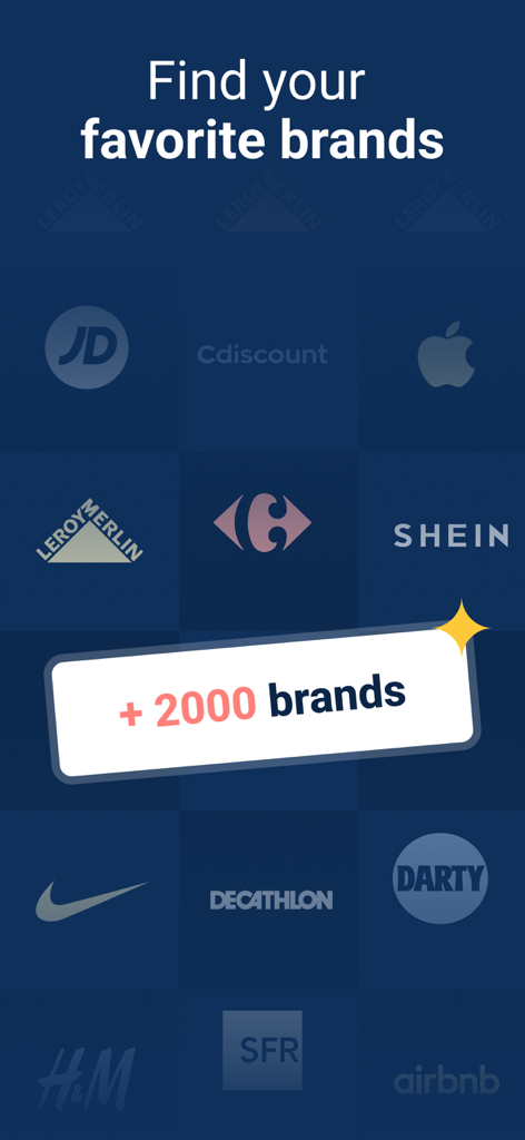 Wanteeed | Cashback & Coupons - Une grille de logos de marques de détail populaires comme Nike, Apple et SHEIN montrant plus de 2000 boutiques supportées dans l'application Wanteeed