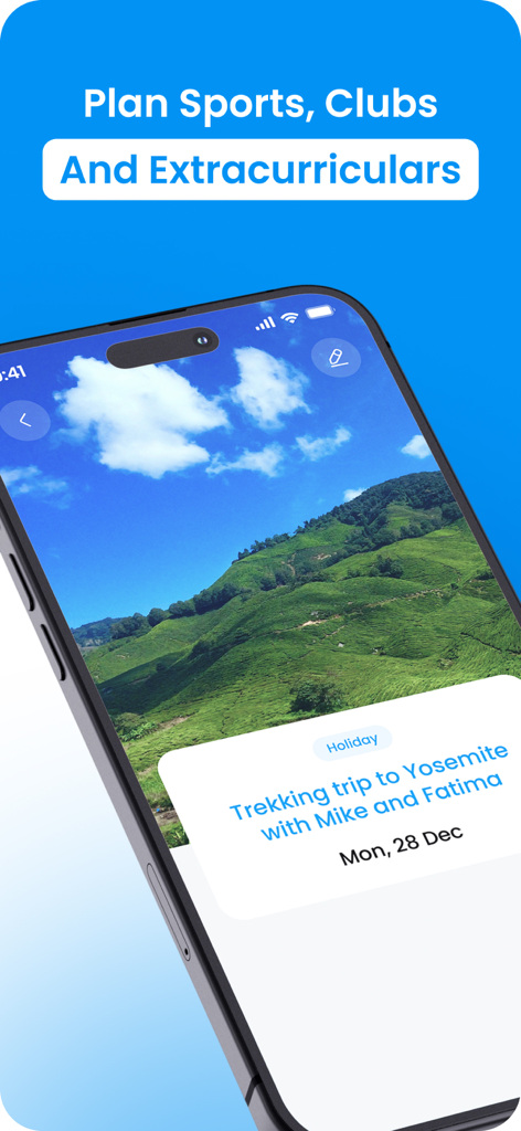 My Study Life app interface showing a trekking trip event and a headline for planning sports clubs and extracurriculars