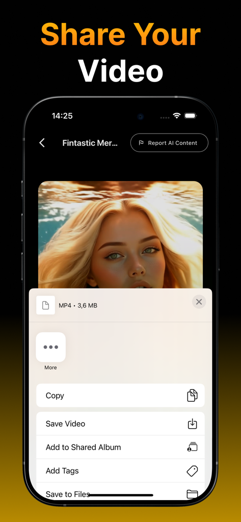 生成されたAI動画のエクスポートと共有メニューを表示するVidmAIアプリのスクリーンショット