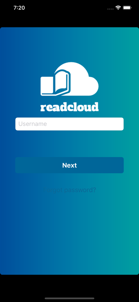 ReadCloud - ReadCloud app login page with username field and next button on a blue gradient background
