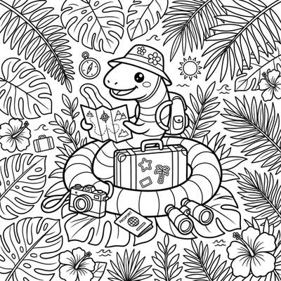 Join a charming caecilian amphibian on an exciting tropical vacation, complete with maps, suitcases, and lush foliage. This unique coloring page invites you to imagine sunny adventures and exotic destinations.