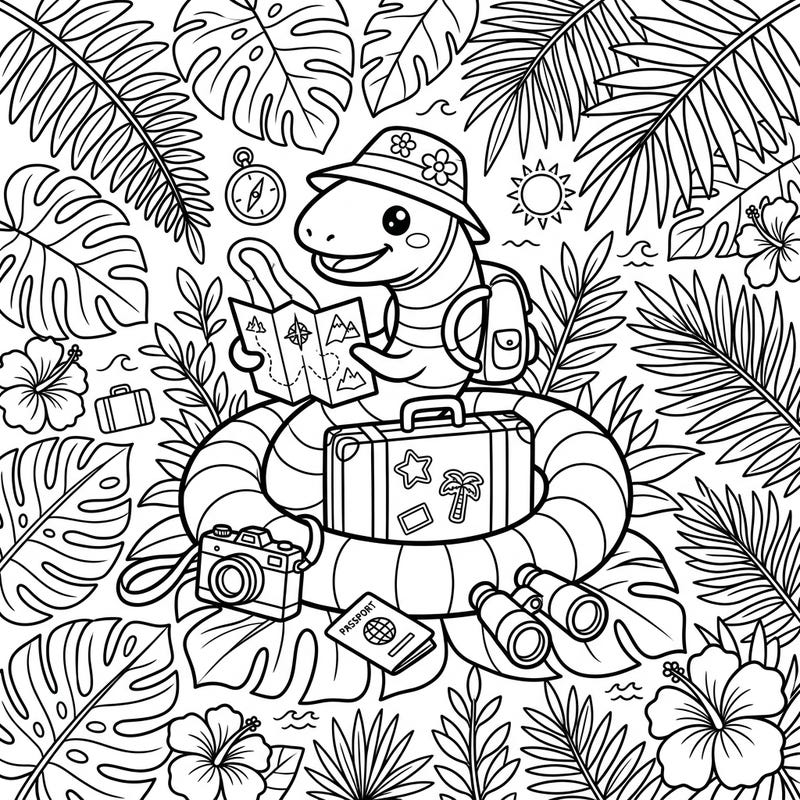 Join a charming caecilian amphibian on an exciting tropical vacation, complete with maps, suitcases, and lush foliage. This unique coloring page invites you to imagine sunny adventures and exotic destinations.