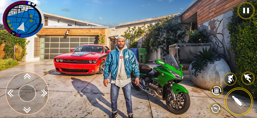 Vegas Gangster Crime Car Games - A game character standing between a red sports car and a green motorcycle in a luxury driveway with a game interface.