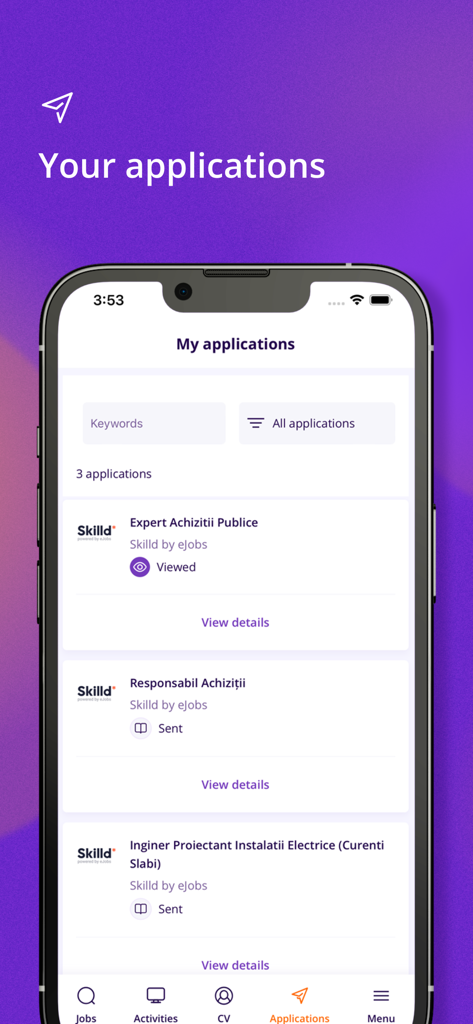 eJobs.ro - eJobs mobile app interface showing a list of submitted job applications with real time status updates like viewed and sent