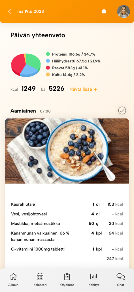 Fressi app nutrition summary showing macronutrients and breakfast log