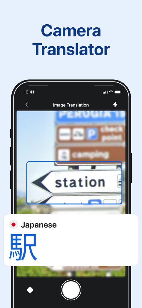 Photo Translator AI - A smartphone using the Photo Translator AI app to translate a street sign for a station into Japanese.