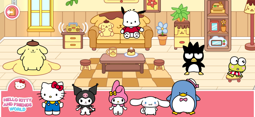 Hello Kitty And Friends World - サンリオキャラクターたちがハローキティと仲間たちの世界でカスタマイズ可能なリビングルームで交流している。