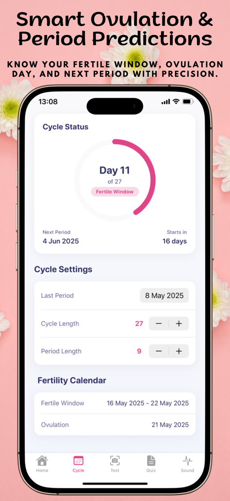 Pregnancy Test AI - Smart ovulation and period prediction interface showing a fertility calendar and cycle status.