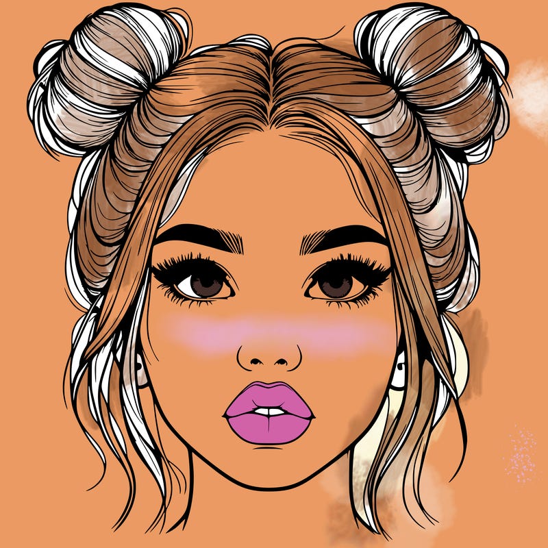realistic girl with two buns on her hair and lips