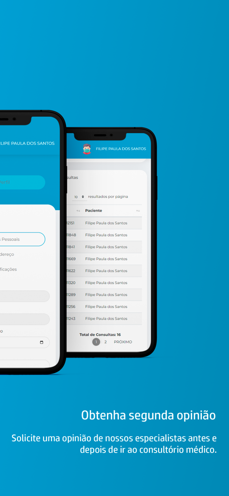 Telemedicina E-saude - Dois smartphones exibindo a interface do aplicativo Telemedicina E-saude mostrando uma lista de consultas médicas e uma seção para buscar uma segunda opinião médica.