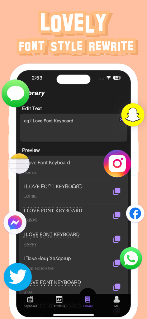 Font Keyboard: Cool Themes - Font Keyboard app screen displaying various decorative text styles for social media messaging