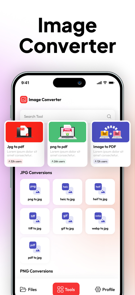 Mobile app interface of Image Converter showing options for JPG to PDF and various image format conversions