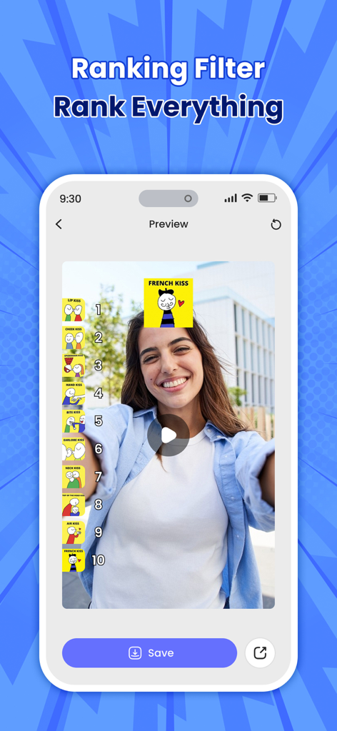 Prediction Filter Challenge - Interfaccia che mostra la funzione di filtro di ranking con un elenco di icone da classificare su un selfie