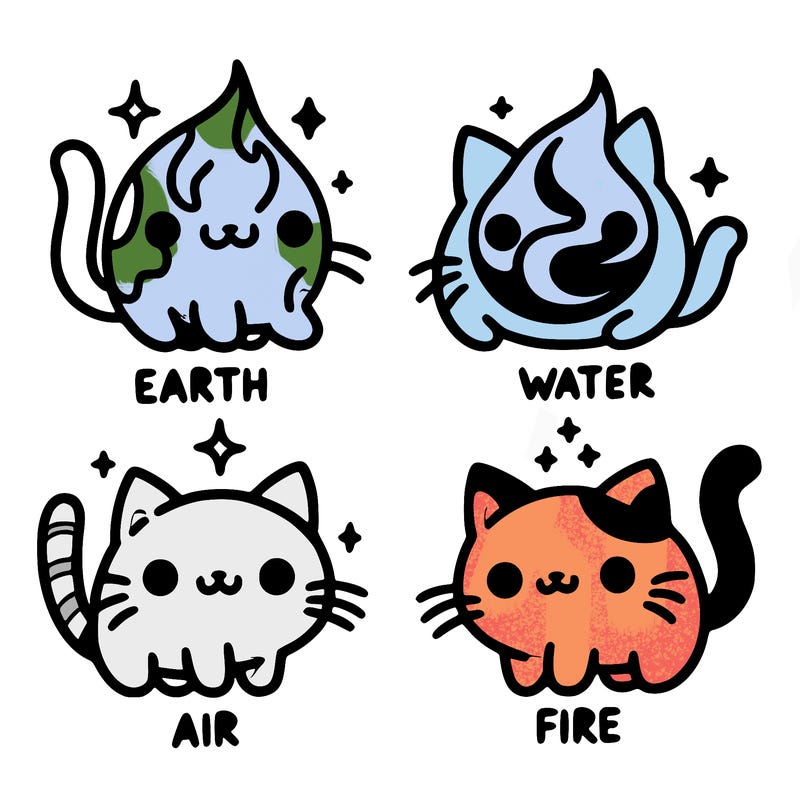 4 cats that represent the different elements, earth, water, air, and fire