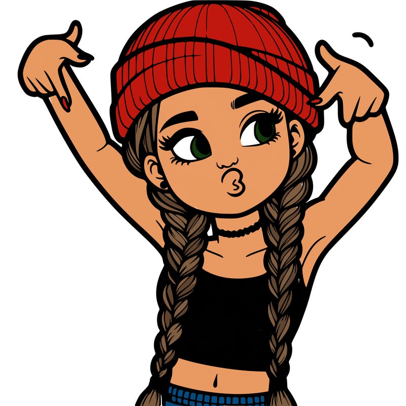 realistic teenage girl with braids and a beanie and crop top doing 🫶🏼