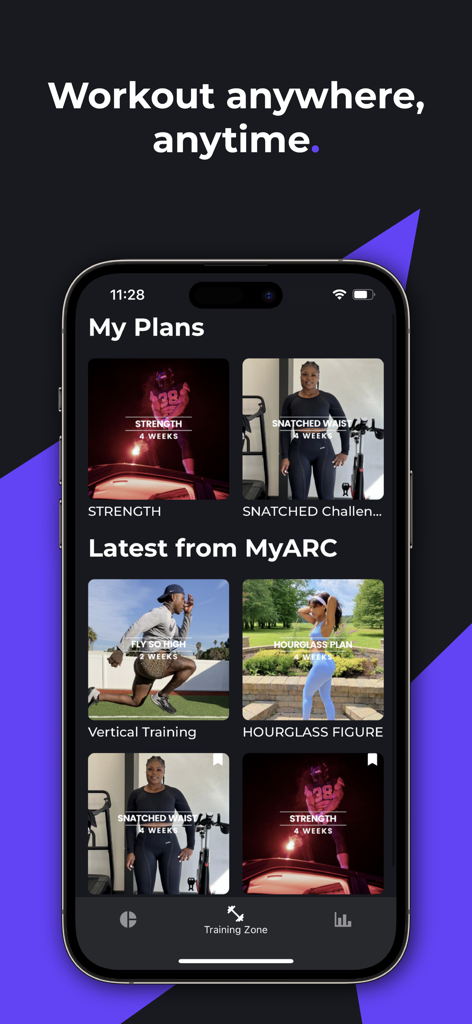 MyARC Fitness app interface displaying various influencer-led training plans including strength and hourglass routines on an iPhone.