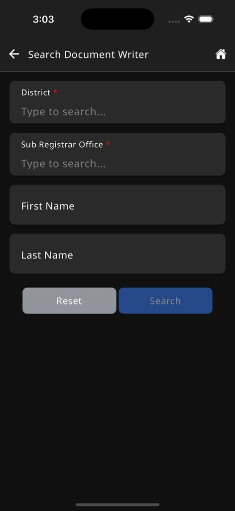 TNREGINET - Search Document Writer screen on TNREGINET app with fields for district and sub registrar office