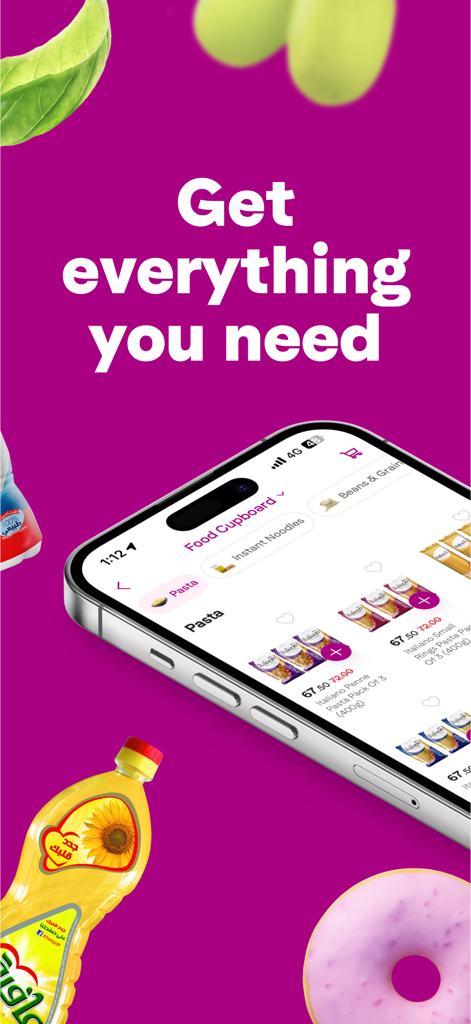 Smartphone showing the Breadfast app grocery interface with products like pasta and sunflower oil.