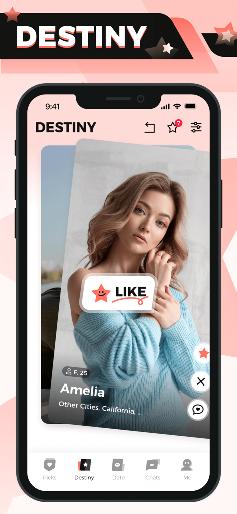 KinkLife mobile app interface showing the Destiny swiping feature with a female user profile named Amelia