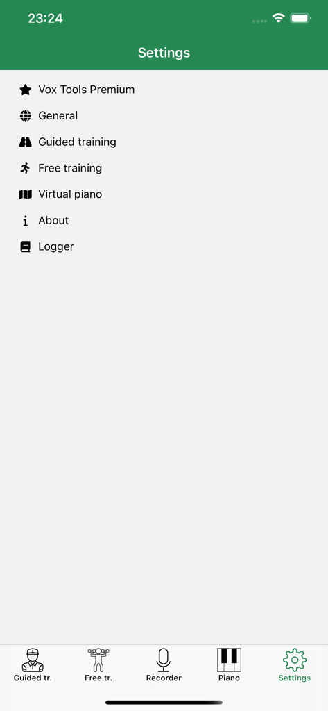 Vox Tools: Learn to Sing - Settings menu of the Vox Tools singing app displaying training and tool options